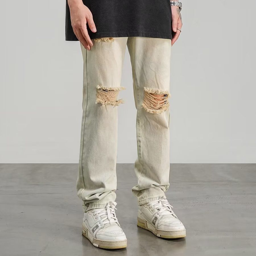Ripped Jeans Men's Thin Yellow Mud Color Wide Leg