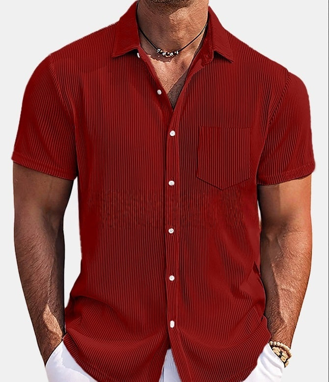 Solid Color Loose Vertical Striped Men's Short-sleeved Shirt