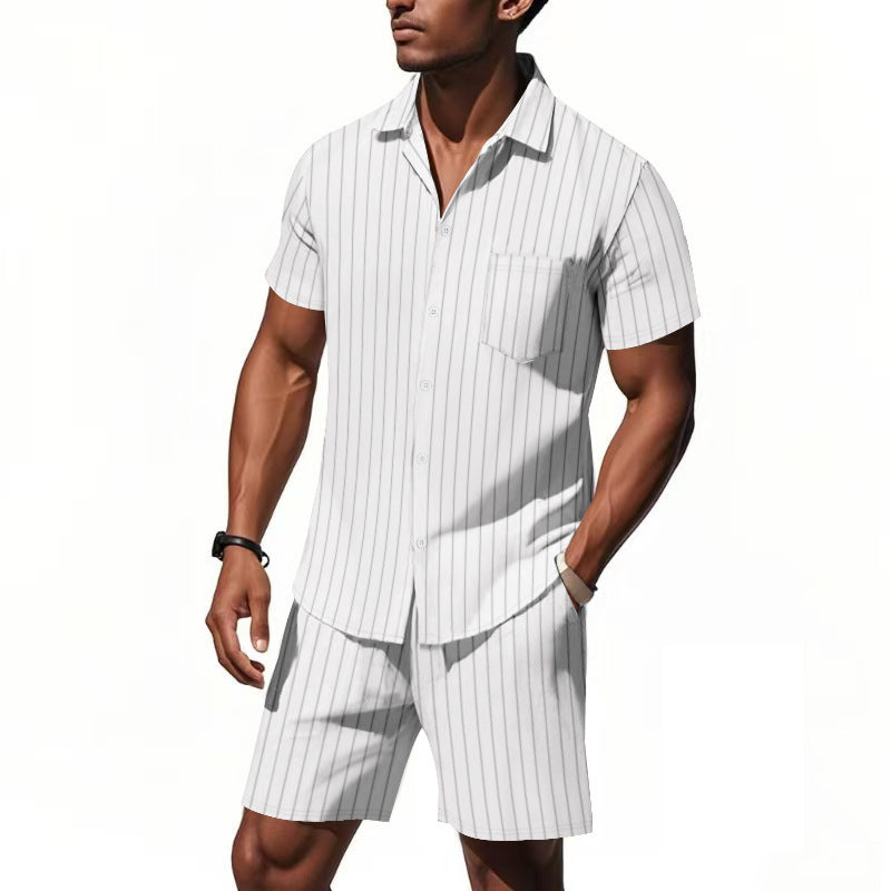Men's Striped Jacquard Loose Short Sleeve Shirt Beach Shorts Two-piece Set