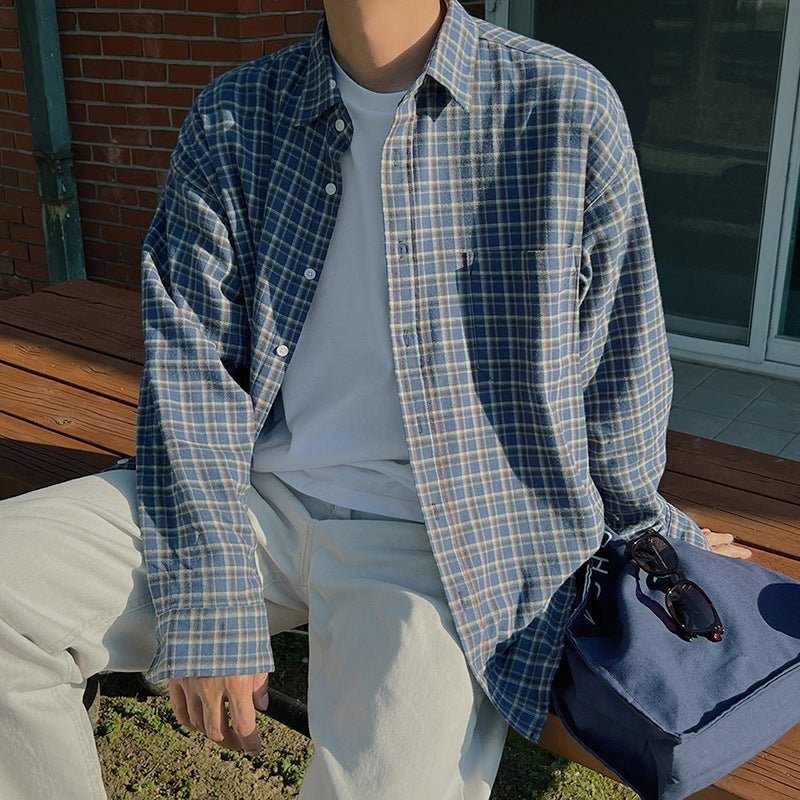 Men's Plaid Loose Trendy Casual Retro Shirt Coat