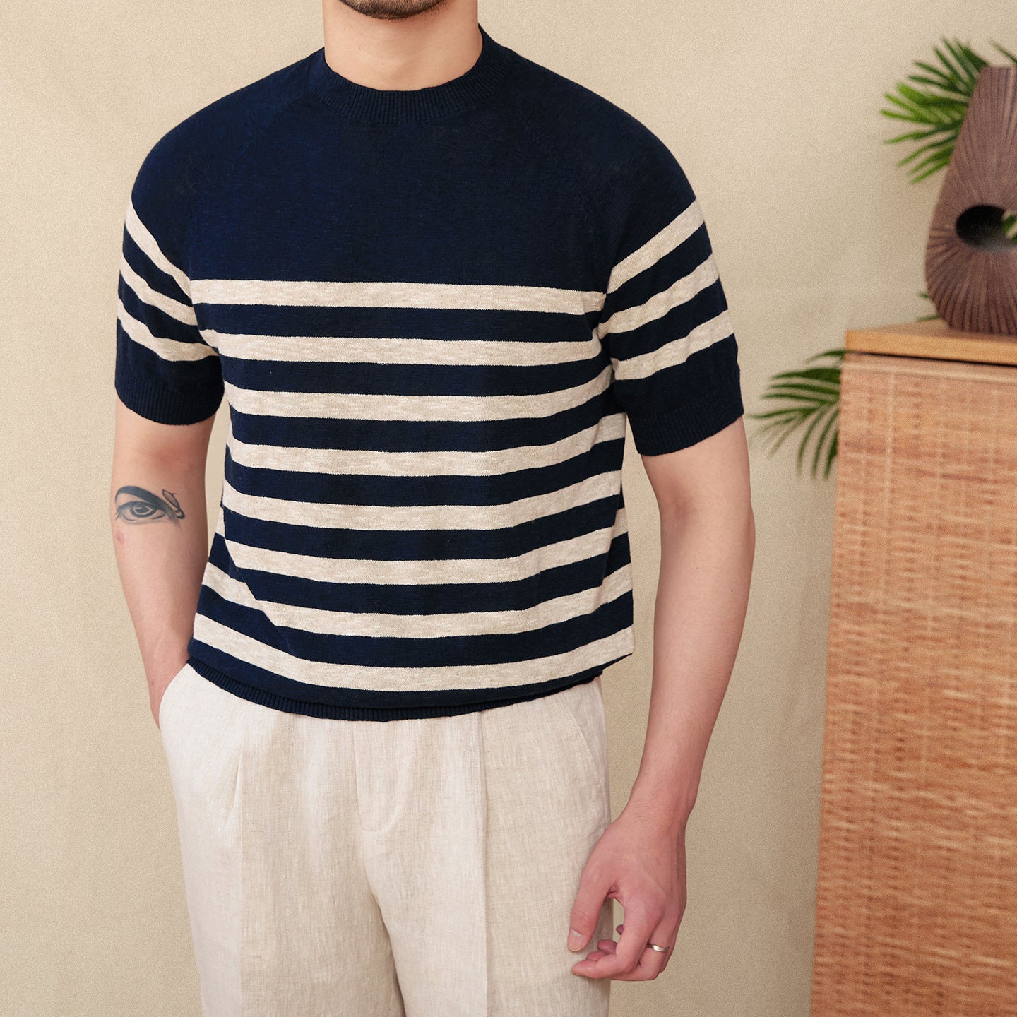 Linen Leisure Cotton Short Sleeve Round Neck Stripe Knitted T-shirt