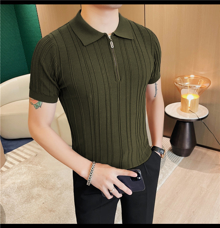Casual Zipper Short Sleeve Men's Retro Elegant Jacquard Lapel