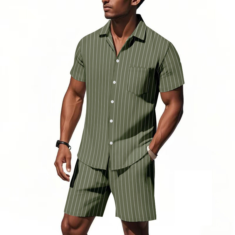 Men's Striped Jacquard Loose Short Sleeve Shirt Beach Shorts Two-piece Set