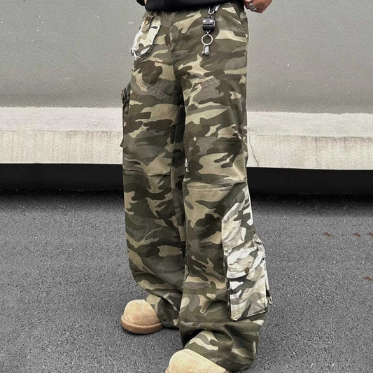 Stitched Camouflage Overalls Men's Retro Straight Casual Pants