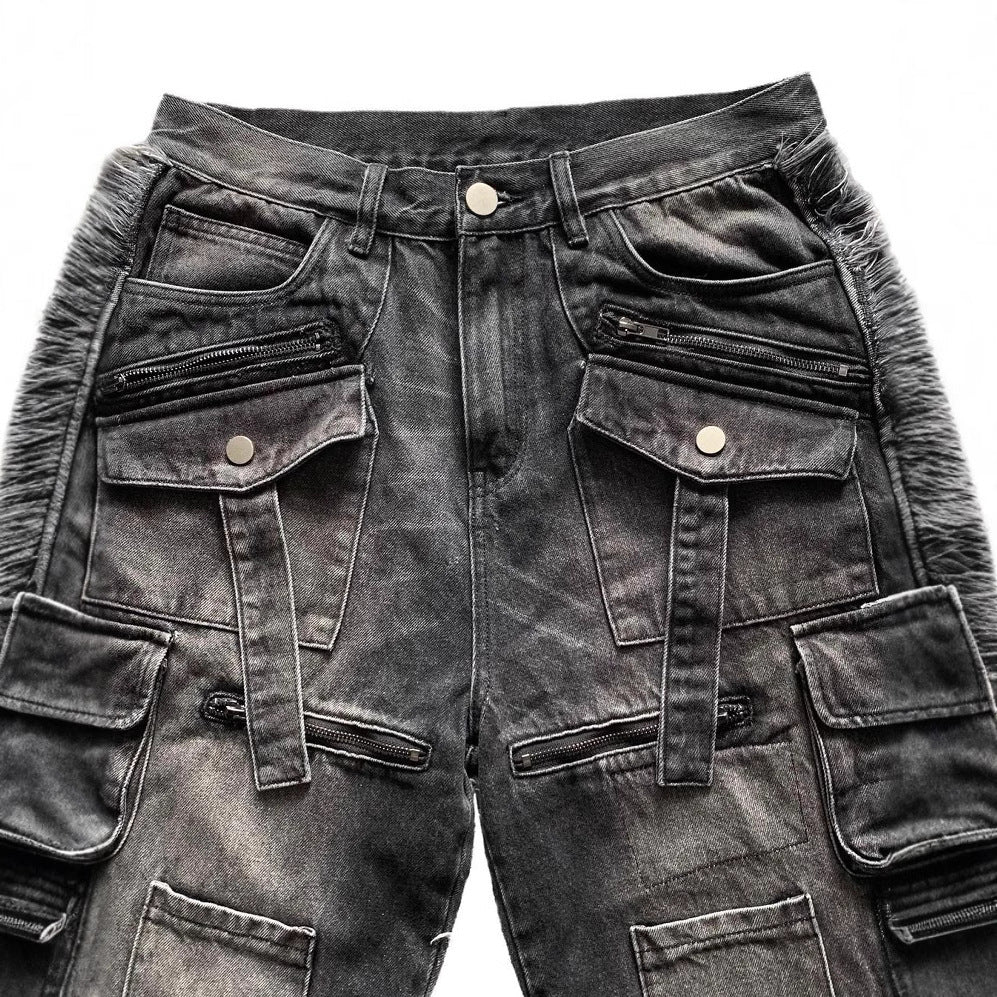 Multi-pocket Black Jeans Loose Drag