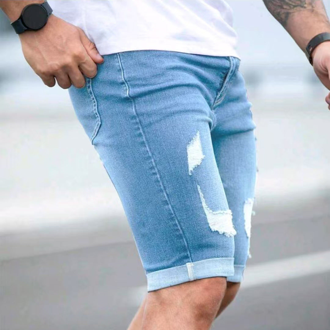 Summer Blue Multi-hole Design Denim Shorts