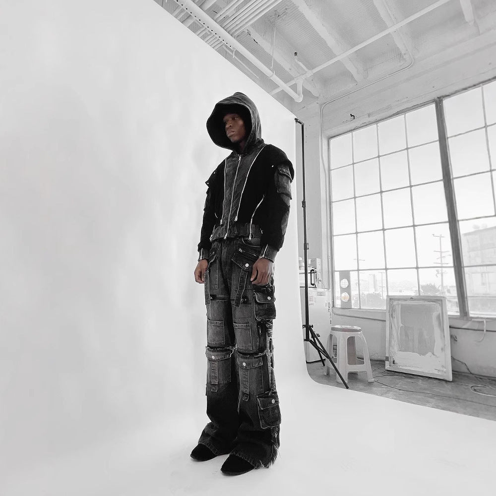 Multi-pocket Black Jeans Loose Drag