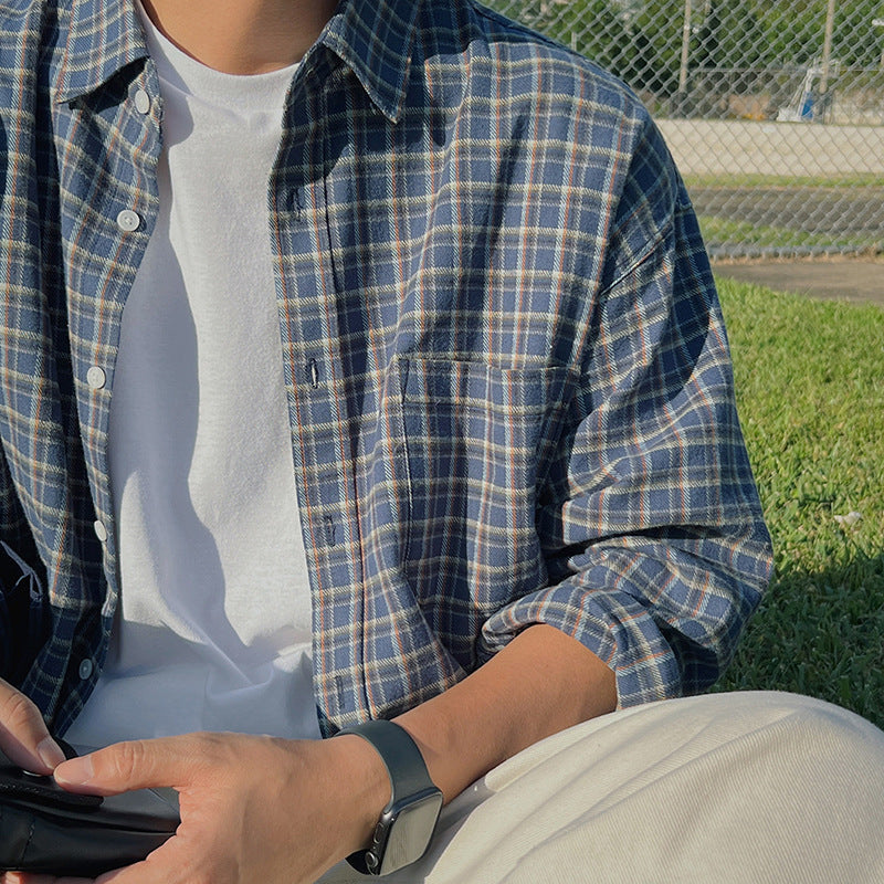 Men's Plaid Loose Trendy Casual Retro Shirt Coat