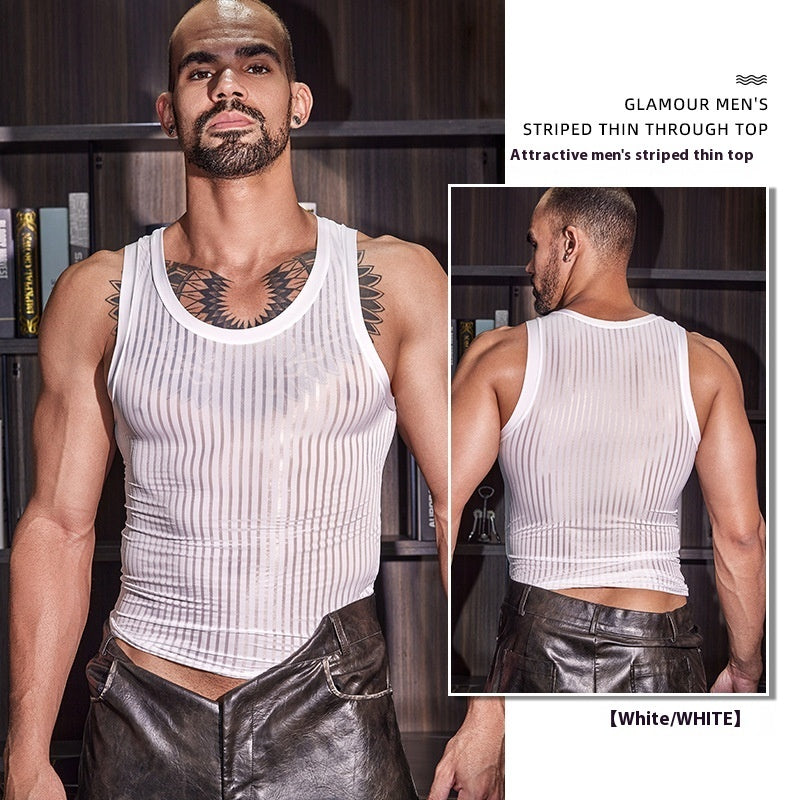 New Men's Cross-strap Vest Striped Thin Transparent High Elastic Skin-friendly Top