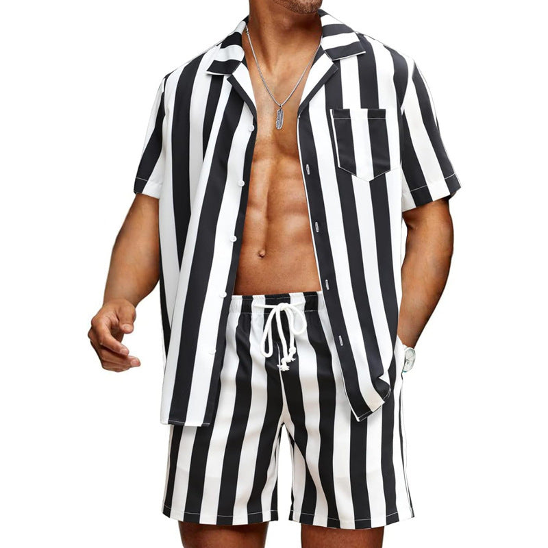 Men's Fashion Casual Striped Printed Short Sleeve Shirt Shorts Suit