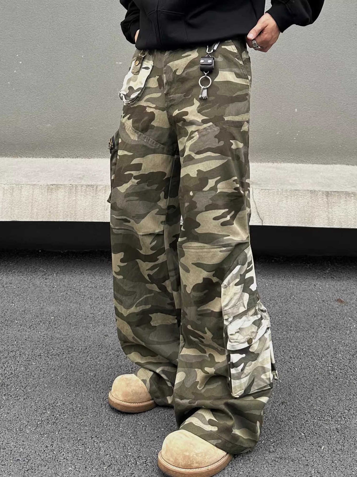 Stitched Camouflage Overalls Men's Retro Straight Casual Pants