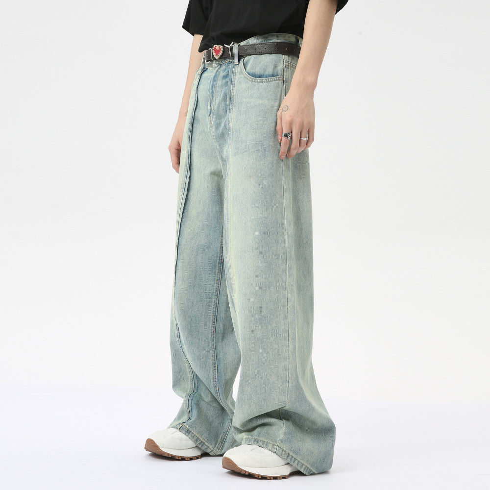 Retro Light Color Stitching Design Straight Wide Leg Jeans