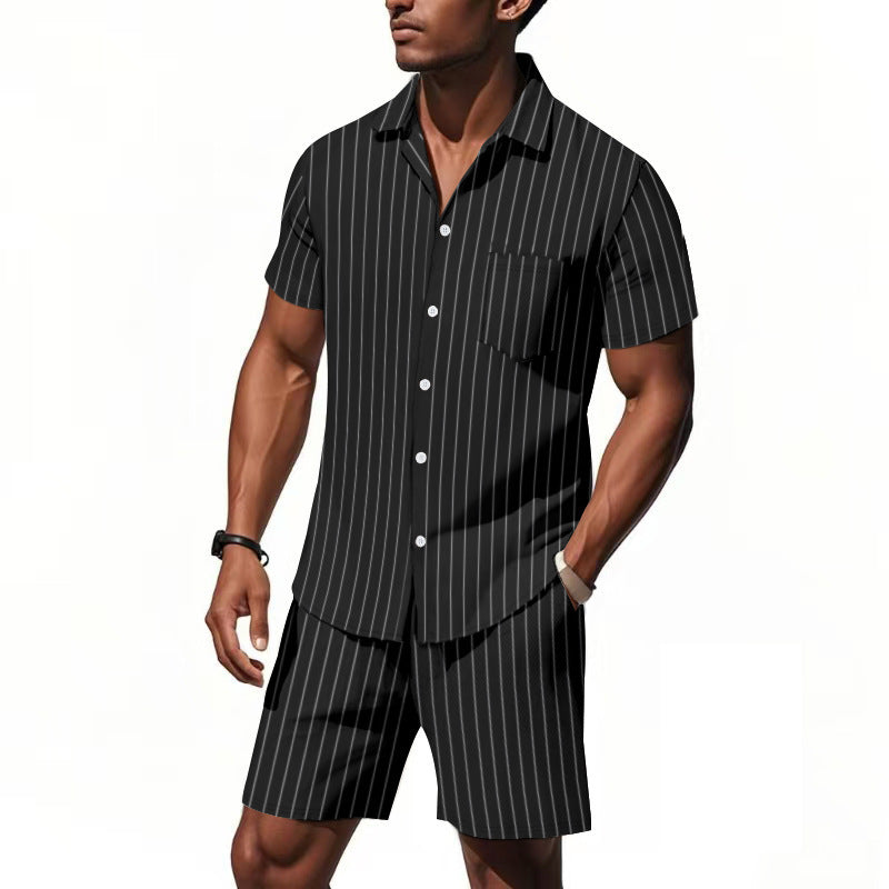 Men's Striped Jacquard Loose Short Sleeve Shirt Beach Shorts Two-piece Set