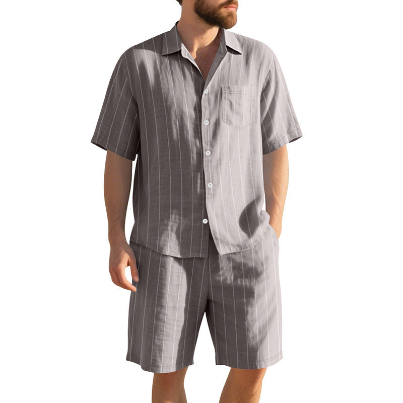 Men's Striped Jacquard Loose Short Sleeve Shirt Beach Shorts Two-piece Set