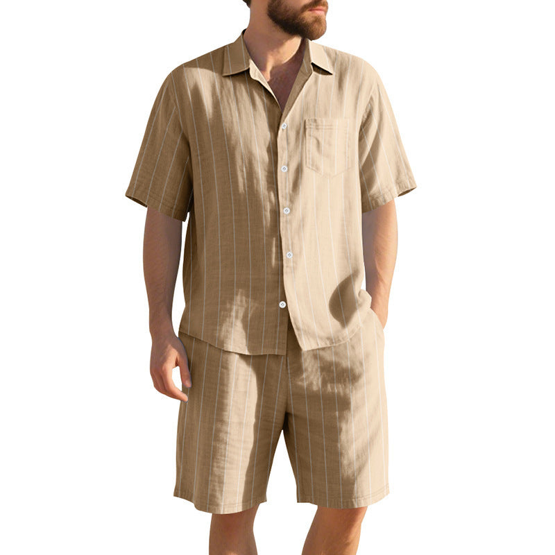 Men's Striped Jacquard Loose Short Sleeve Shirt Beach Shorts Two-piece Set