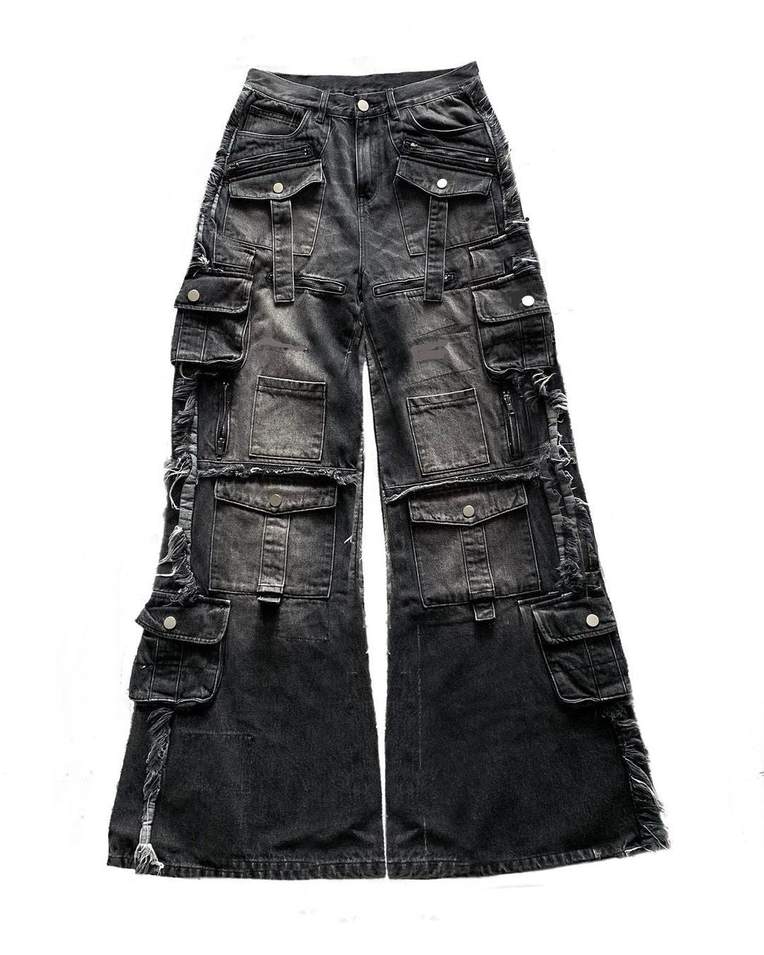 Multi-pocket Black Jeans Loose Drag