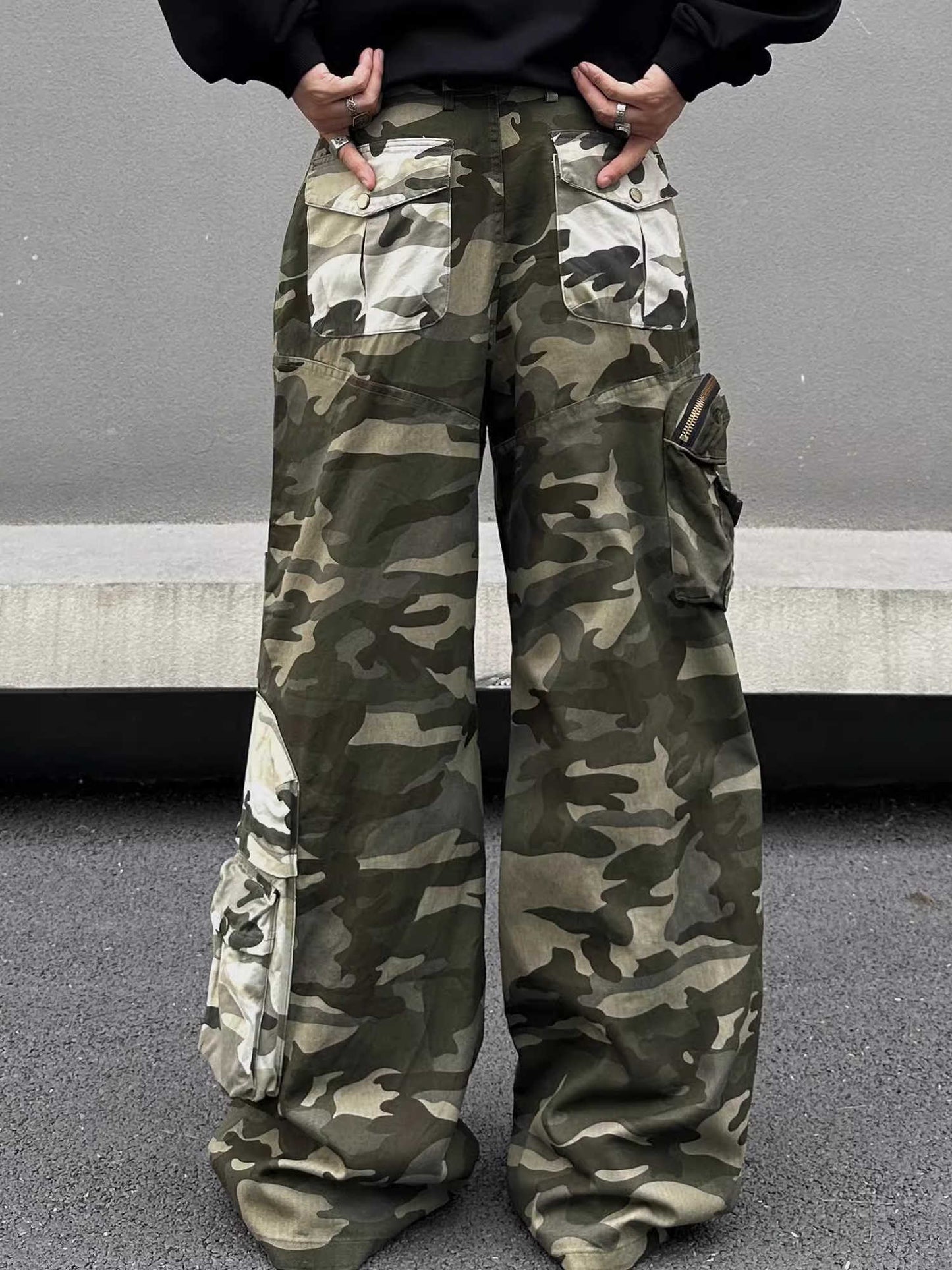 Stitched Camouflage Overalls Men's Retro Straight Casual Pants