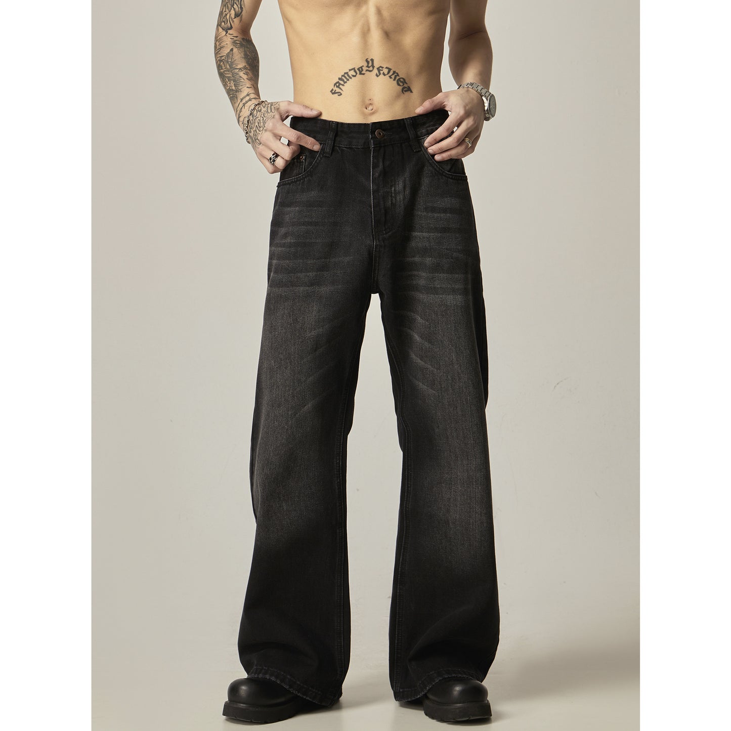 American Retro Black Loose Straight Jeans