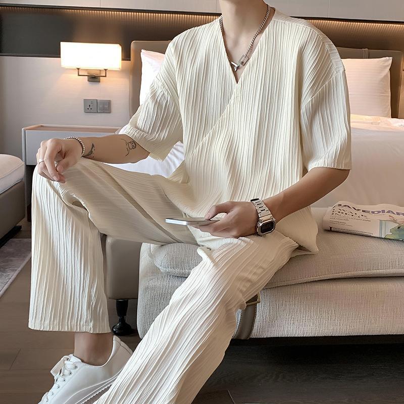 Men's Design Collar Short Sleeve Shirt Trousers Two-piece Suit British Yupi Handsome