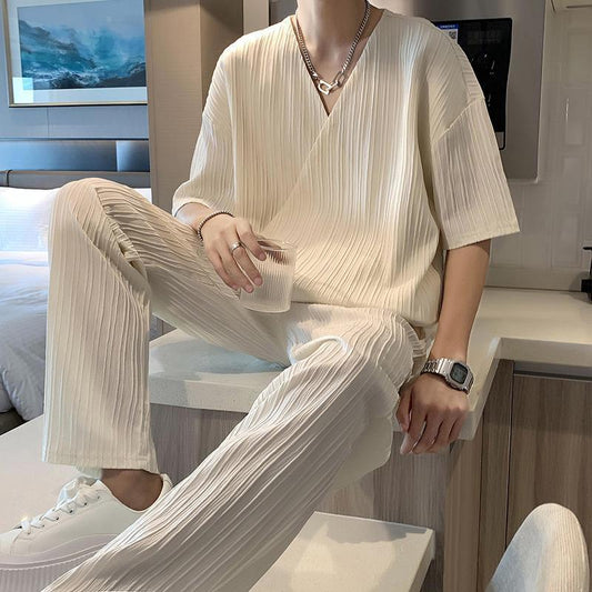 Men's Design Collar Short Sleeve Shirt Trousers Two-piece Suit British Yupi Handsome