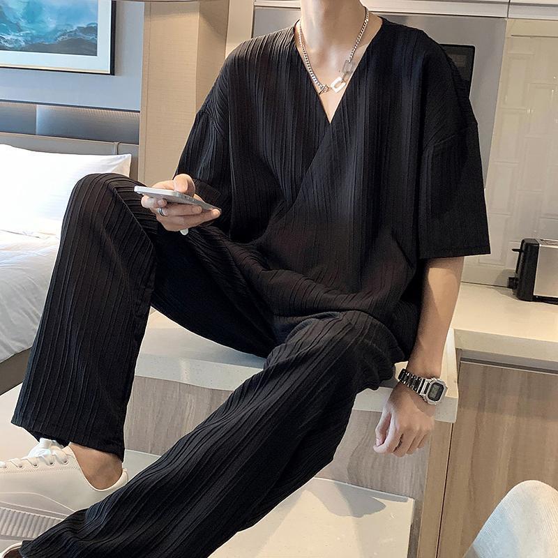 Men's Design Collar Short Sleeve Shirt Trousers Two-piece Suit British Yupi Handsome