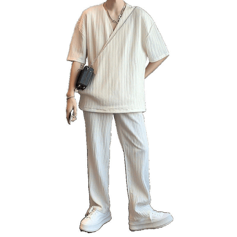 Men's Design Collar Short Sleeve Shirt Trousers Two-piece Suit British Yupi Handsome