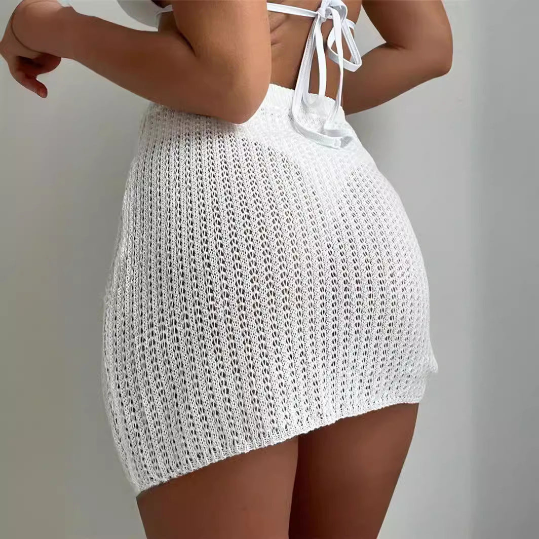 Beach Knitted Hollow Drawstring Sexy See-through Skirt