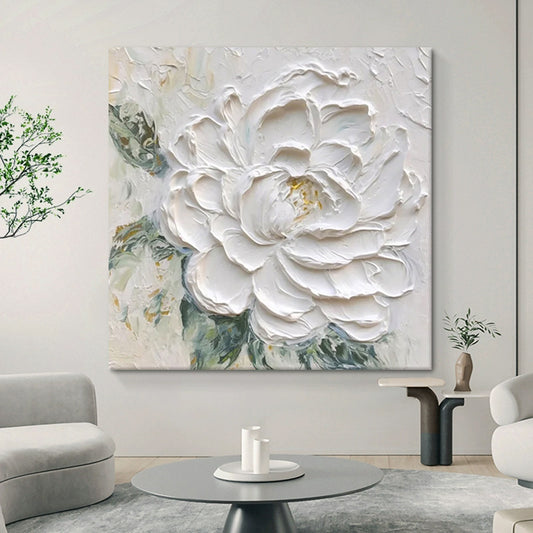 Cream Wind White Peony Flower Thick Texture Hand Drawn Oil Painting Hanging Painting