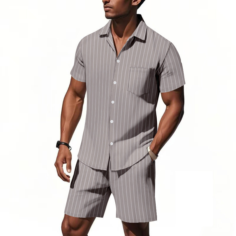 Men's Striped Jacquard Loose Short Sleeve Shirt Beach Shorts Two-piece Set
