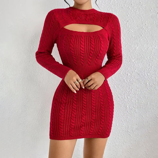 Hollow-out Cinched Women's Clothing Package Hip Sweater Dress