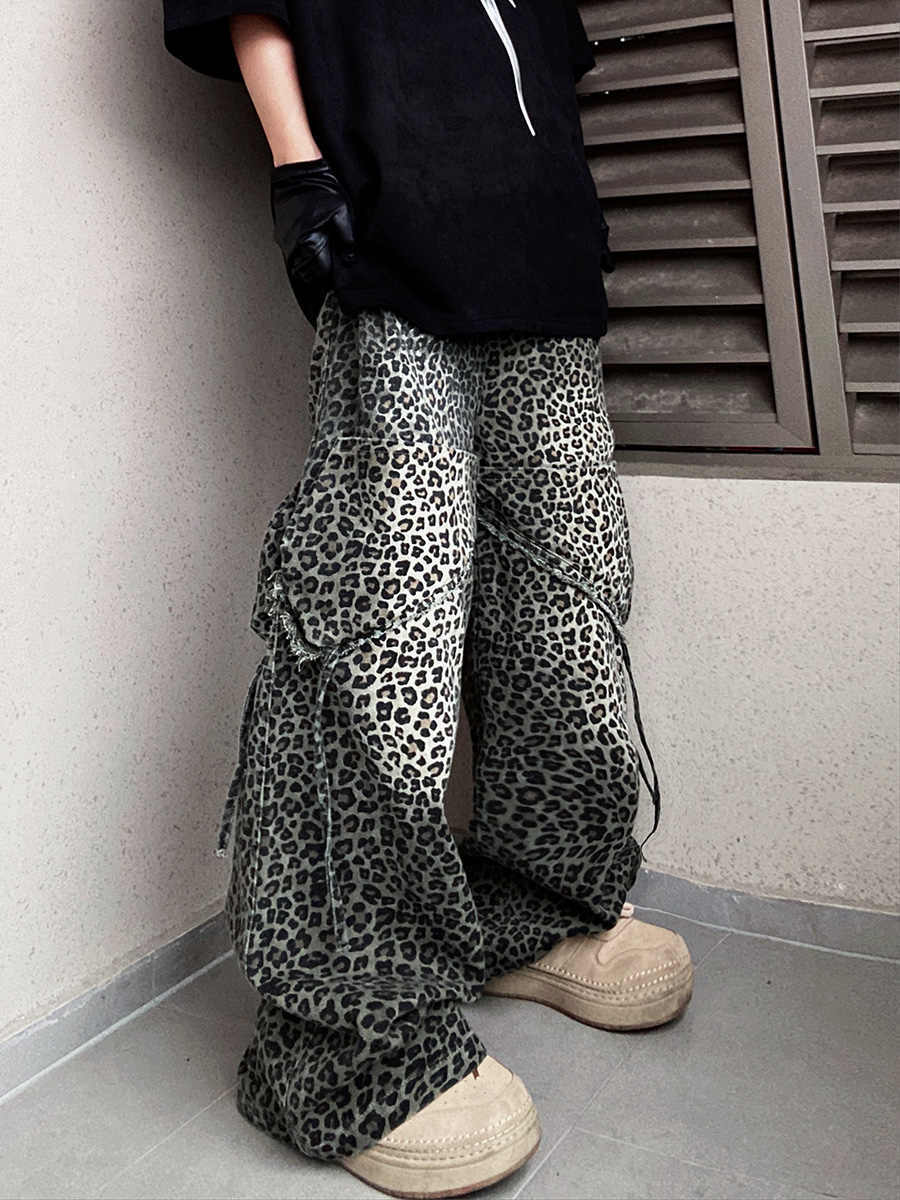 Loose Straight Slightly Flared Workwear Casual Wide-leg Mopping Leopard Jeans