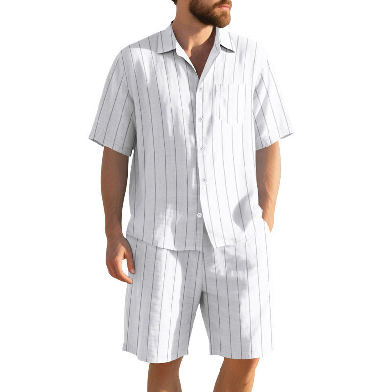 Men's Striped Jacquard Loose Short Sleeve Shirt Beach Shorts Two-piece Set