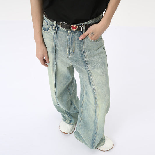 Retro Light Color Stitching Design Straight Wide Leg Jeans