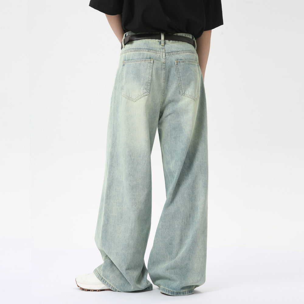 Retro Light Color Stitching Design Straight Wide Leg Jeans
