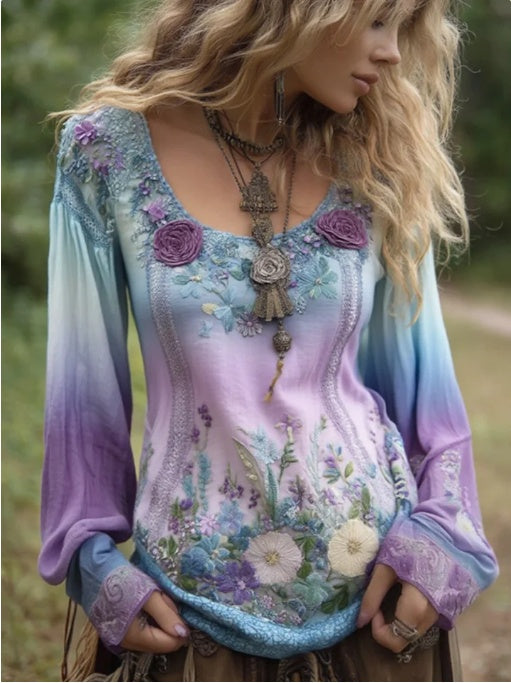 Gradient Lavender Floral Embroidered Linen Blouses
