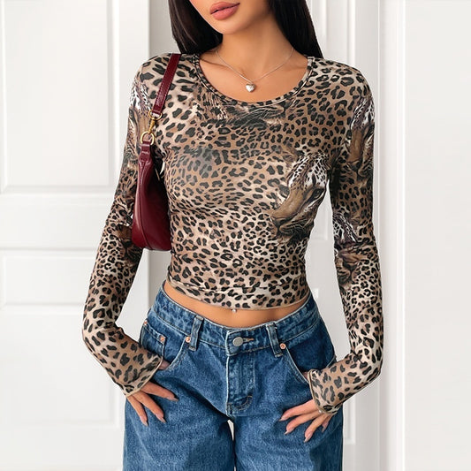 Women's Vintage Leopard Print Long-sleeved T-shirt