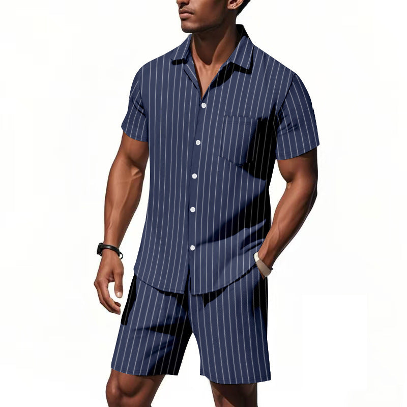 Men's Striped Jacquard Loose Short Sleeve Shirt Beach Shorts Two-piece Set