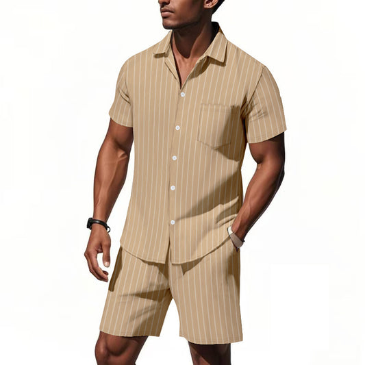 Men's Striped Jacquard Loose Short Sleeve Shirt Beach Shorts Two-piece Set